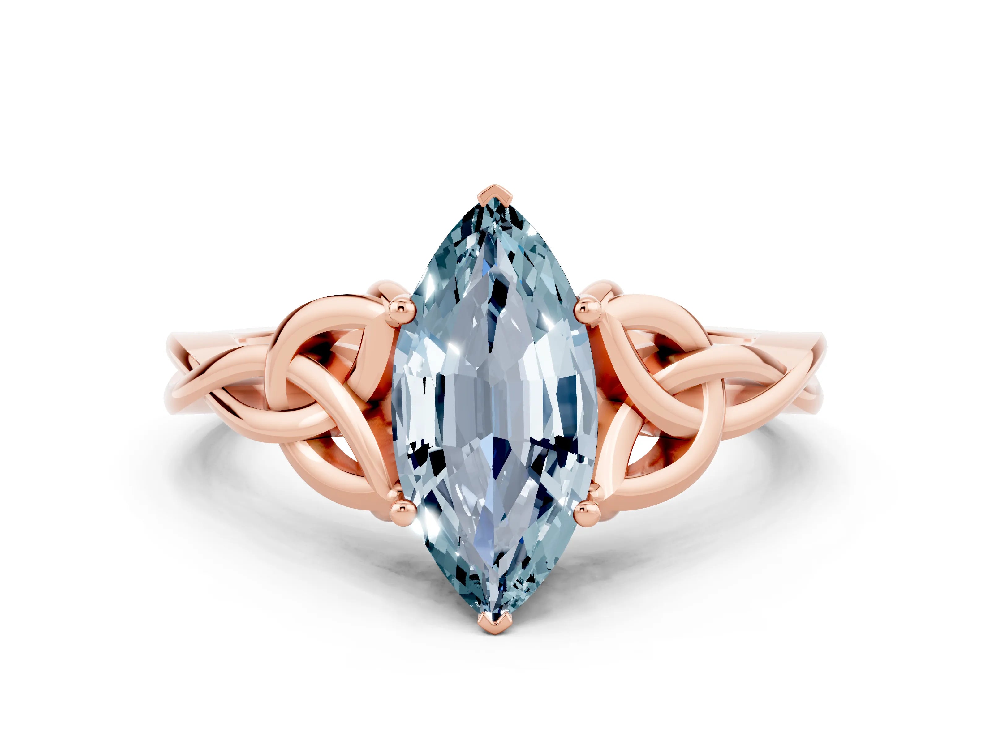 Rose gold Marquise Cut Aquamarine Solitaire Celtic Knot Ring with Four-Prong Setting_12