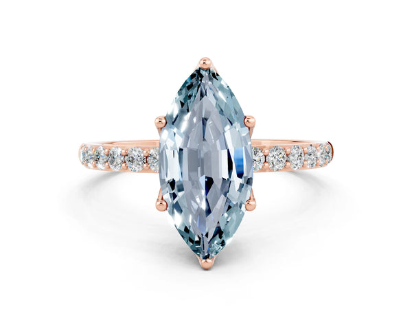 Rose gold Marquise Cut Aquamarine Solitaire Engagement Ring with Round  Pavé Band and Prong Setting