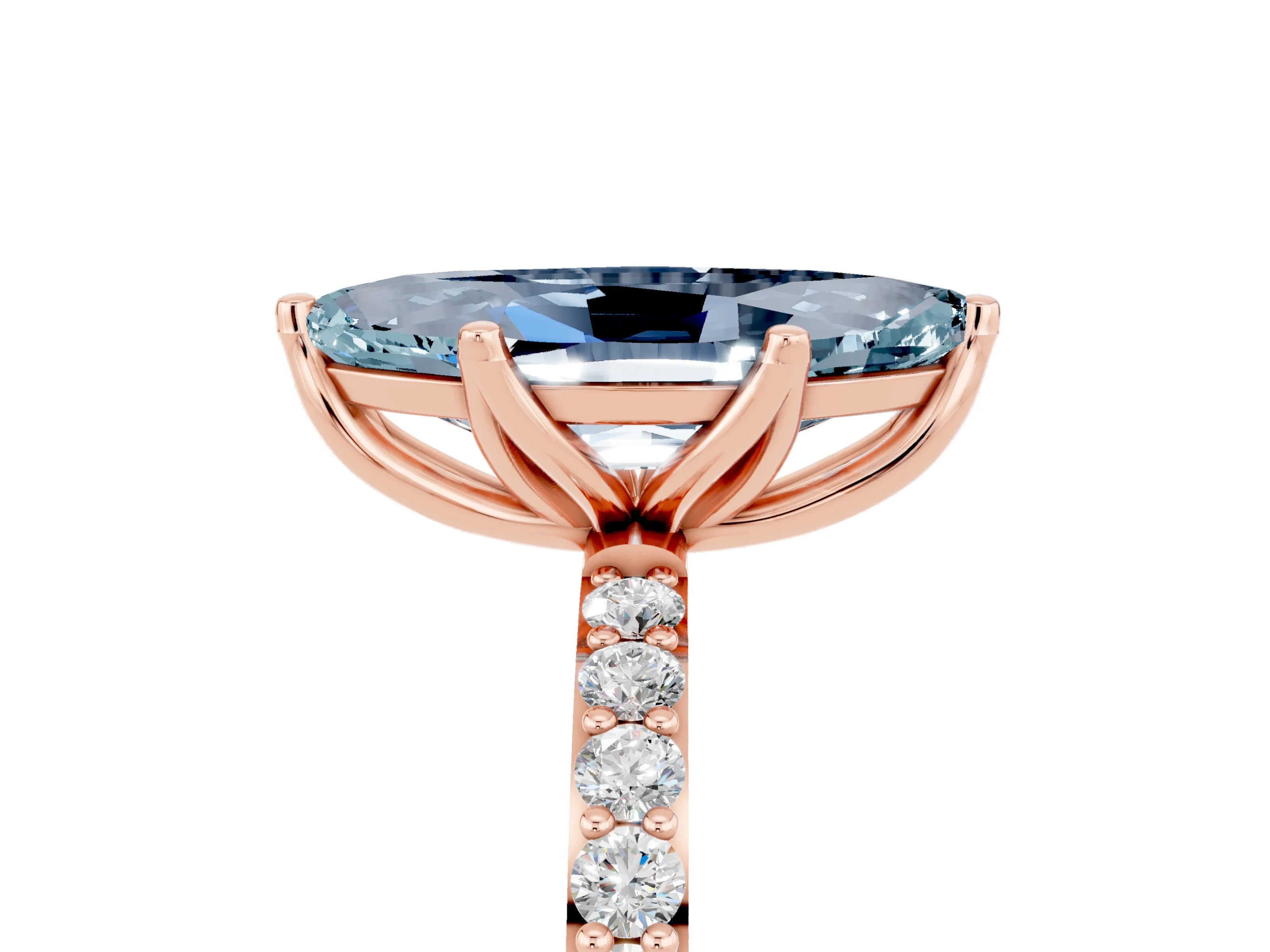 Rose gold Marquise Cut Aquamarine Solitaire Engagement Ring with Pavé Band and Prong Setting_5