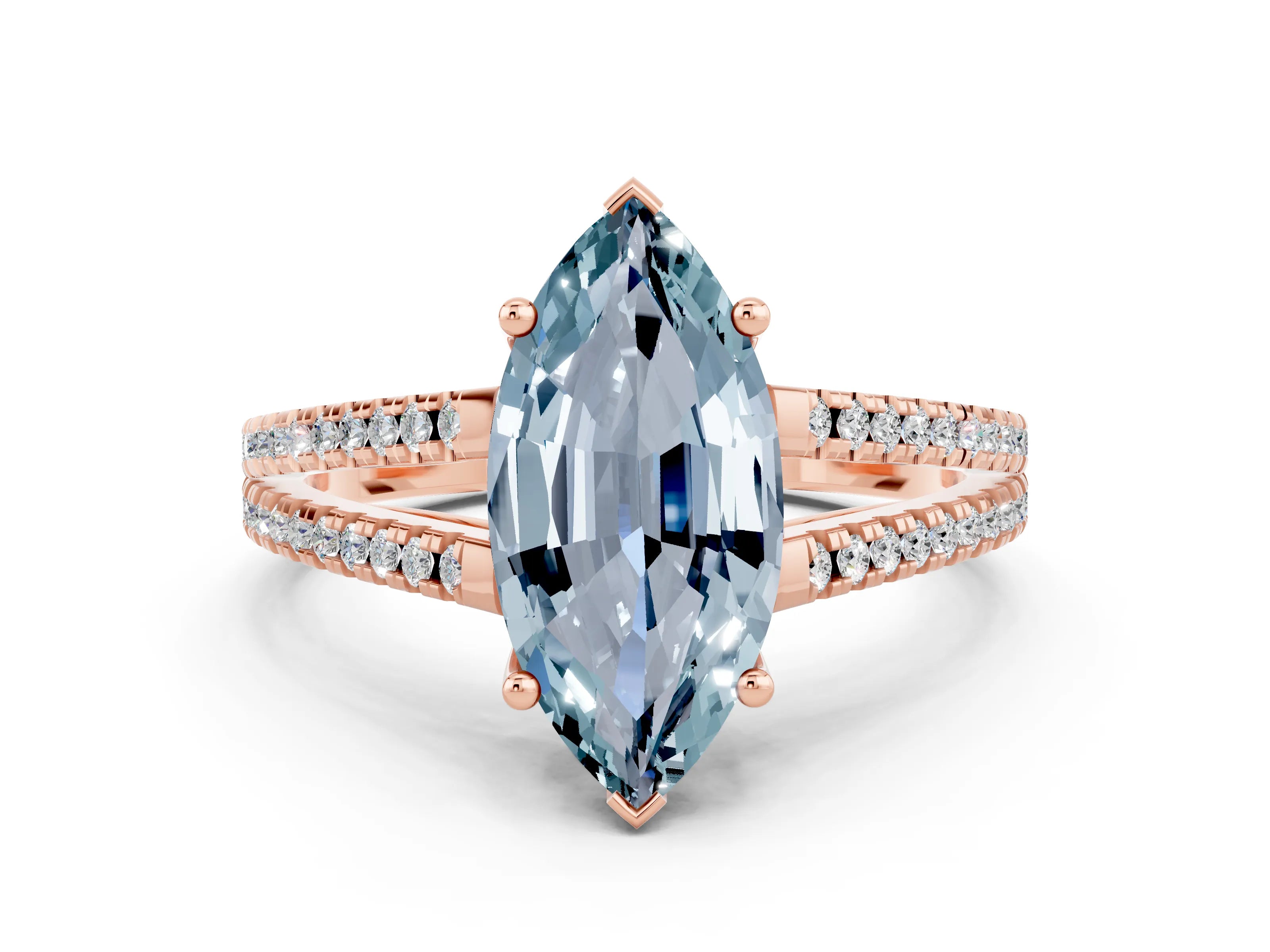 Rose gold Marquise Cut Aquamarine Solitaire Engagement Ring with Split Shank Pavé Band