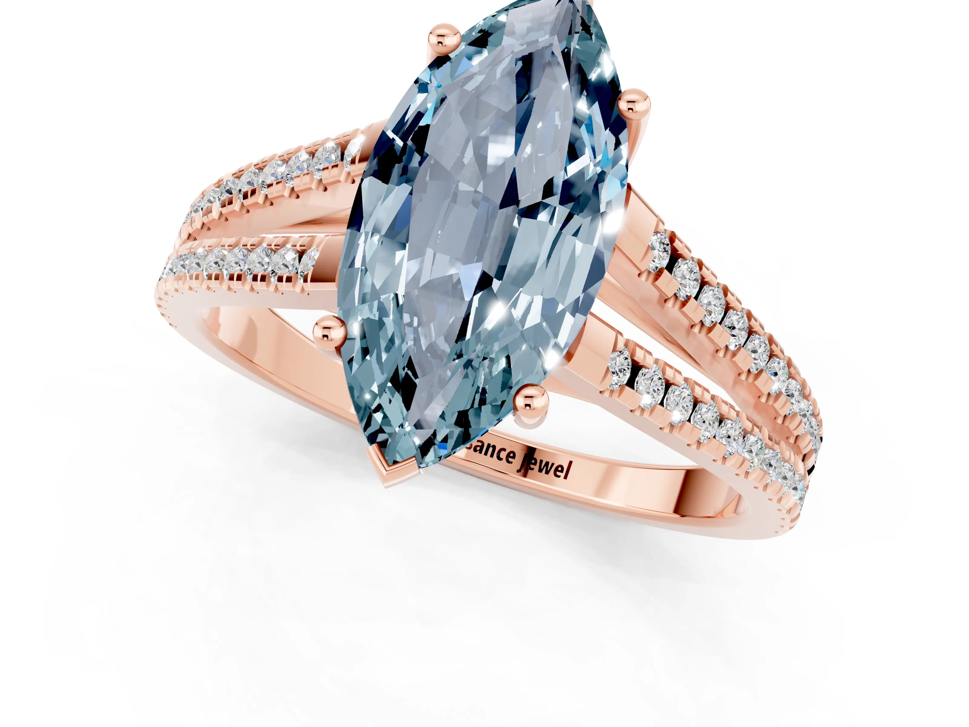 Rose gold Marquise Cut Aquamarine Solitaire Engagement Ring with Split Shank Pavé Band_1