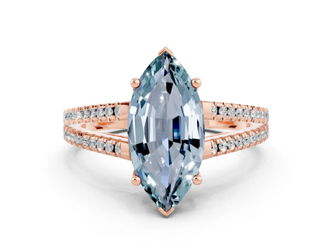 Rose gold Marquise Cut Aquamarine Solitaire Engagement Ring with Split Shank Pavé Band