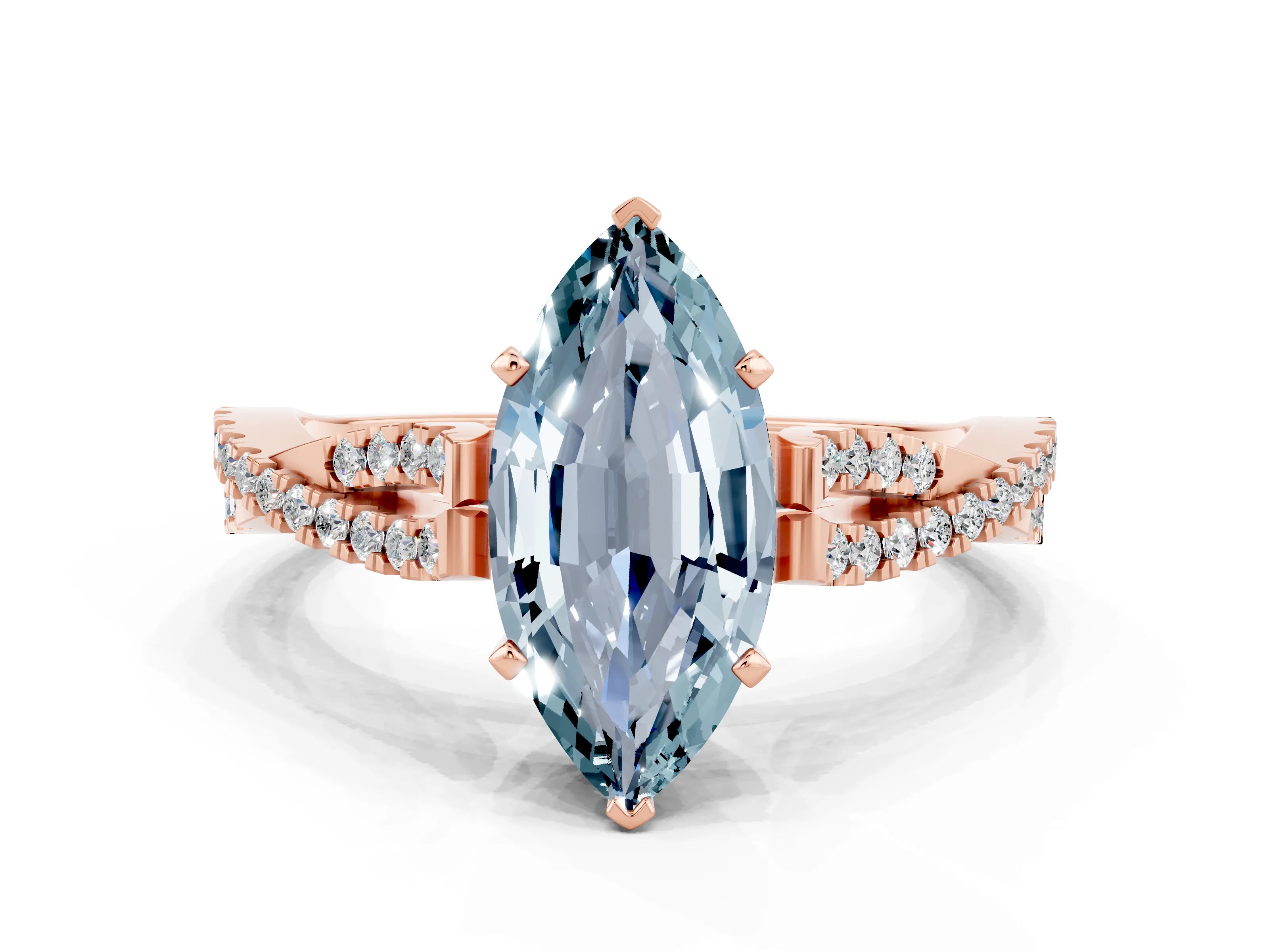 Rose gold Marquise Cut Aquamarine Solitaire Engagement Ring with Twisted Pavé Band and Four-Prong Setting