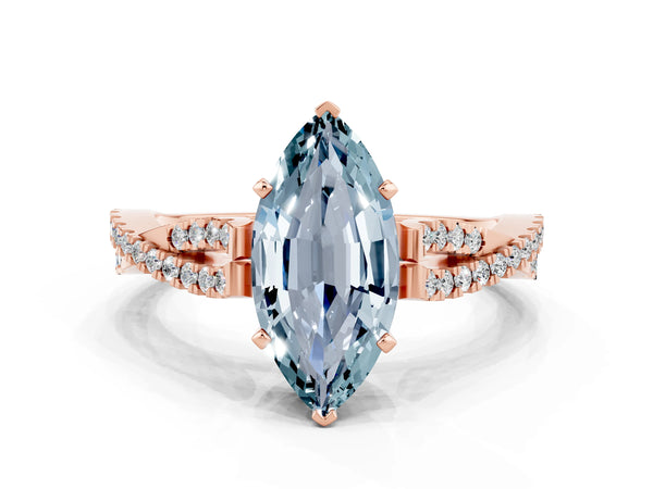 Rose gold Marquise Cut Aquamarine Solitaire Engagement Ring with Twisted Pavé Band and Four-Prong Setting