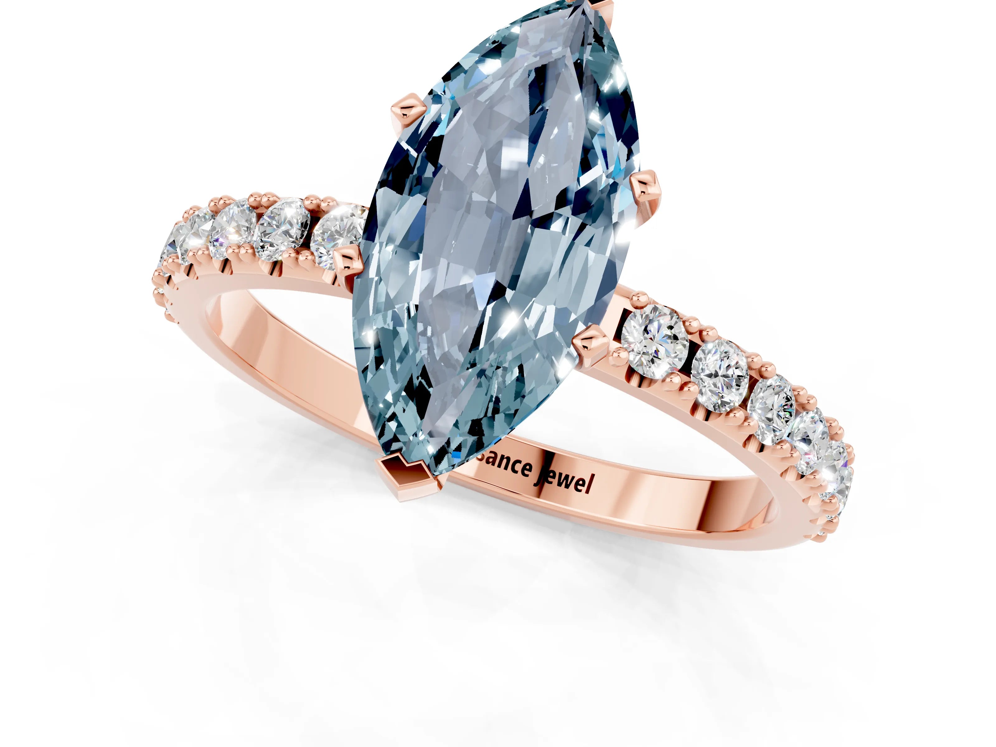 Rose gold Marquise Cut Aquamarine Solitaire Pavé Band with Four-Prong Setting_1