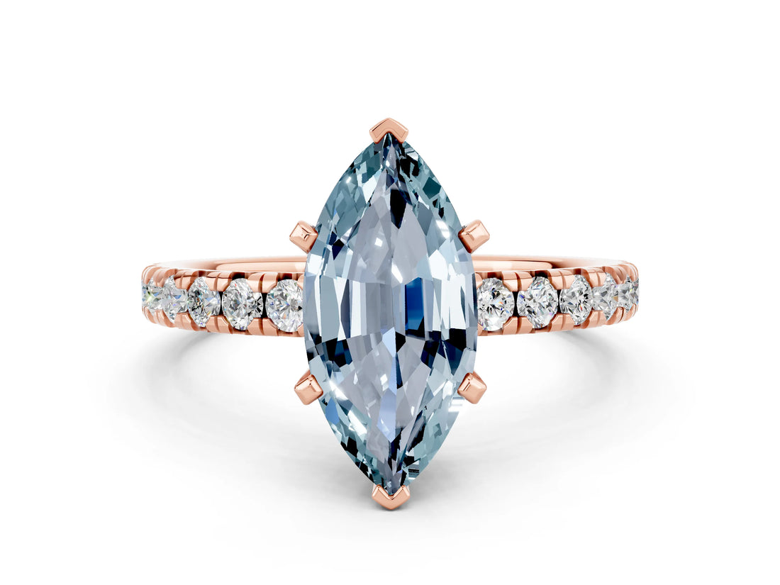 Rose gold Marquise Cut Aquamarine Solitaire Pavé Engagement Ring with Round Band and Prong Setting_66