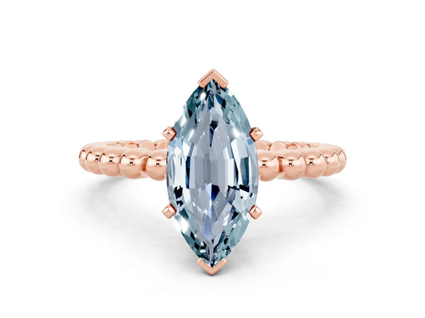 Rose gold Marquise Cut Aquamarine Solitaire Ring with Beaded Band and Prong Setting