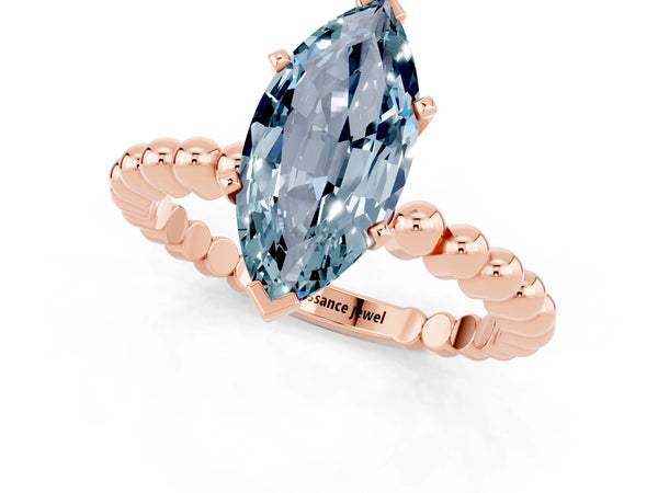 Rose gold Marquise Cut Aquamarine Solitaire Ring with Beaded Band and Prong Setting