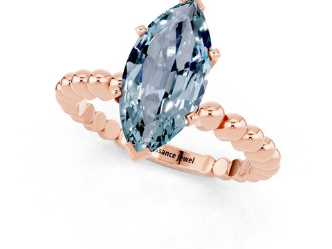 Rose gold Marquise Cut Aquamarine Solitaire Ring with Beaded Band and Prong Setting_1