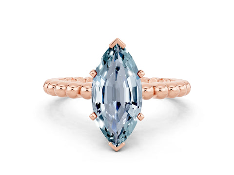 Rose gold Marquise Cut Aquamarine Solitaire Ring with Beaded Band and Prong Setting
