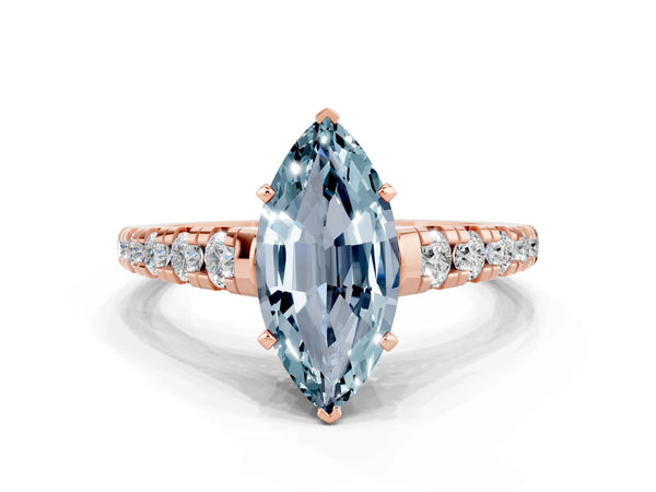 Rose gold Marquise Cut Aquamarine Cathedral Solitaire Ring with Round  Pavé Band
