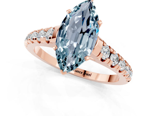 Rose gold Marquise Cut Aquamarine Cathedral Solitaire Ring with Round  Pavé Band