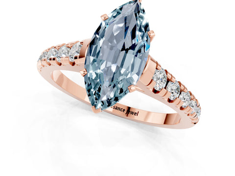 Rose gold Marquise Cut Aquamarine Solitaire Ring with Cathedral Setting and Pavé Band_1