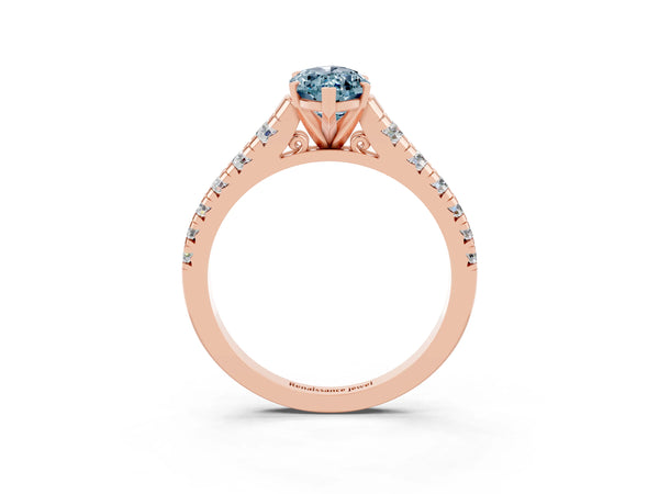 Rose gold Marquise Cut Aquamarine Cathedral Solitaire Ring with Round  Pavé Band