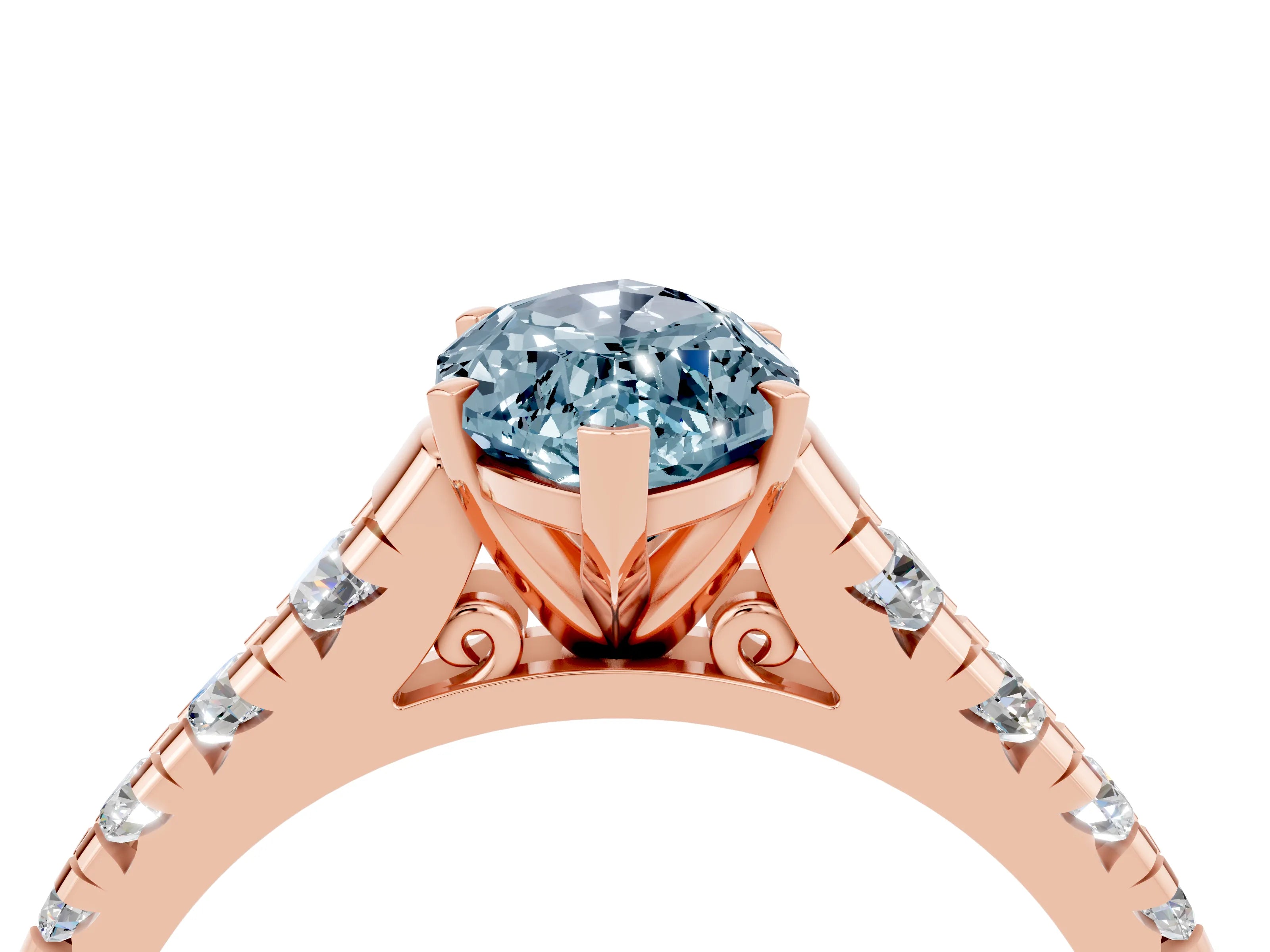 Rose gold Marquise Cut Aquamarine Solitaire Ring with Cathedral Setting and Pavé Band_4