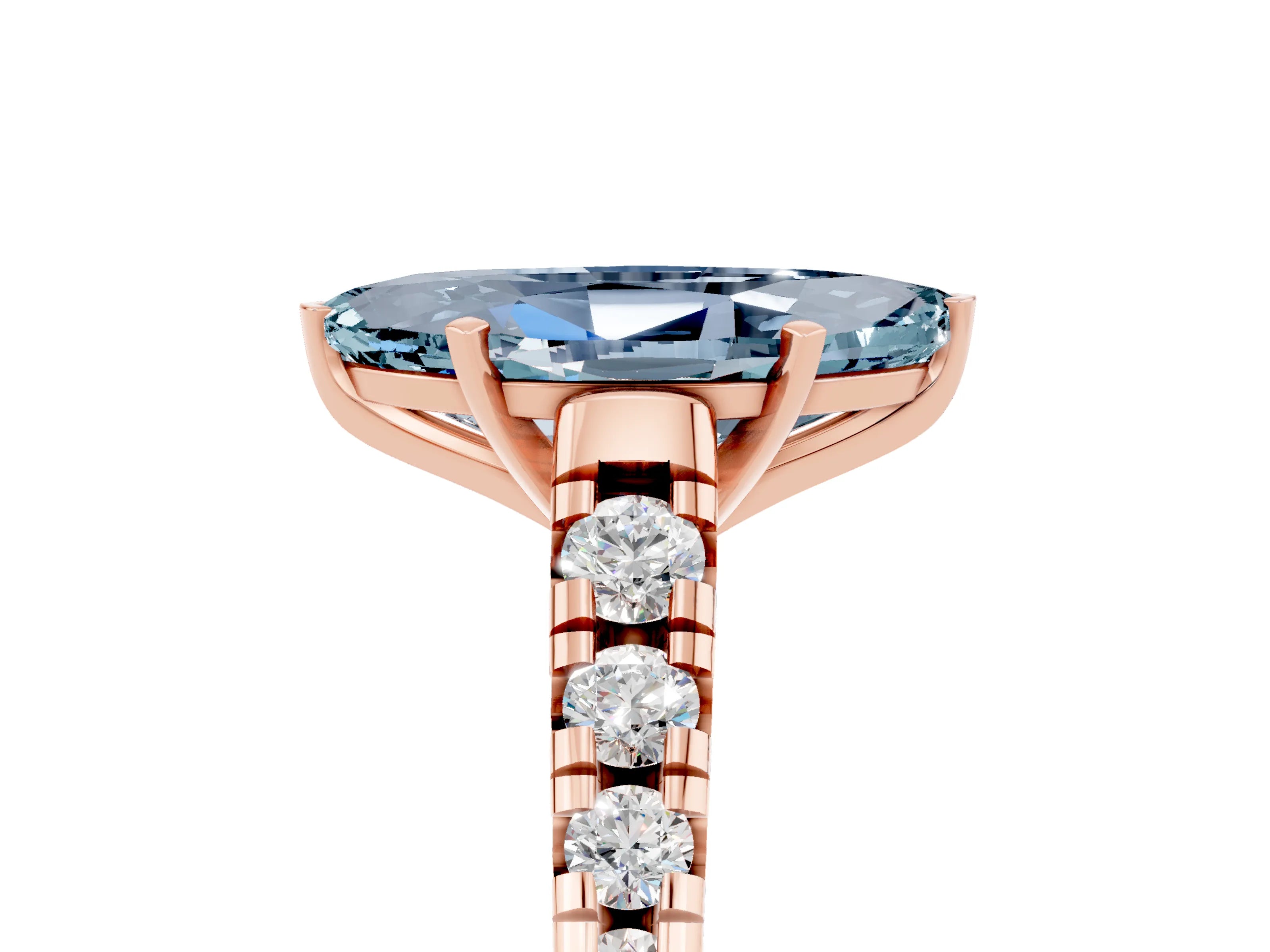 Rose gold Marquise Cut Aquamarine Solitaire Ring with Cathedral Setting and Pavé Band_5