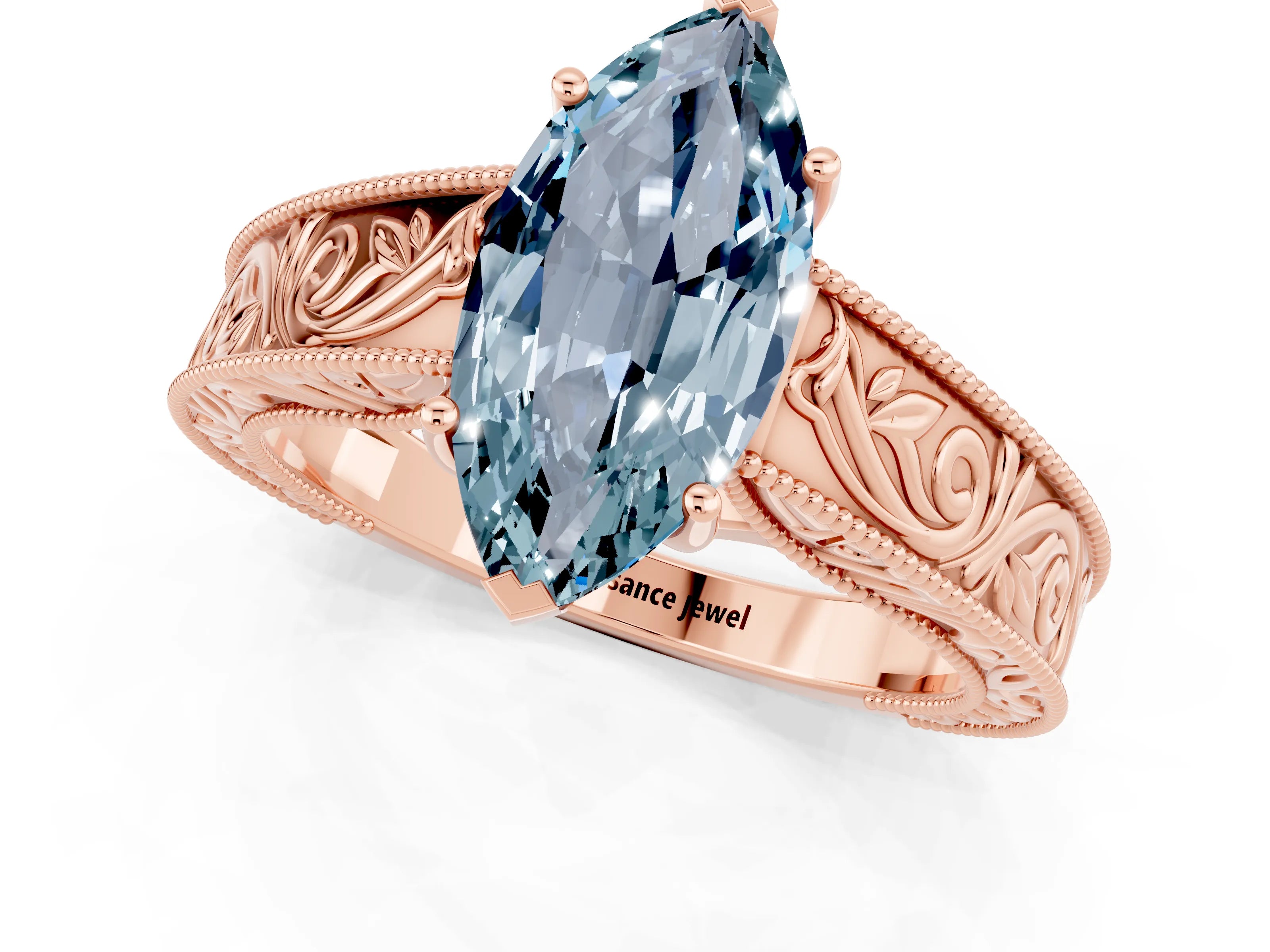 Rose gold Marquise Cut Aquamarine Solitaire Ring with Engraved Band and Four-Prong Setting_1