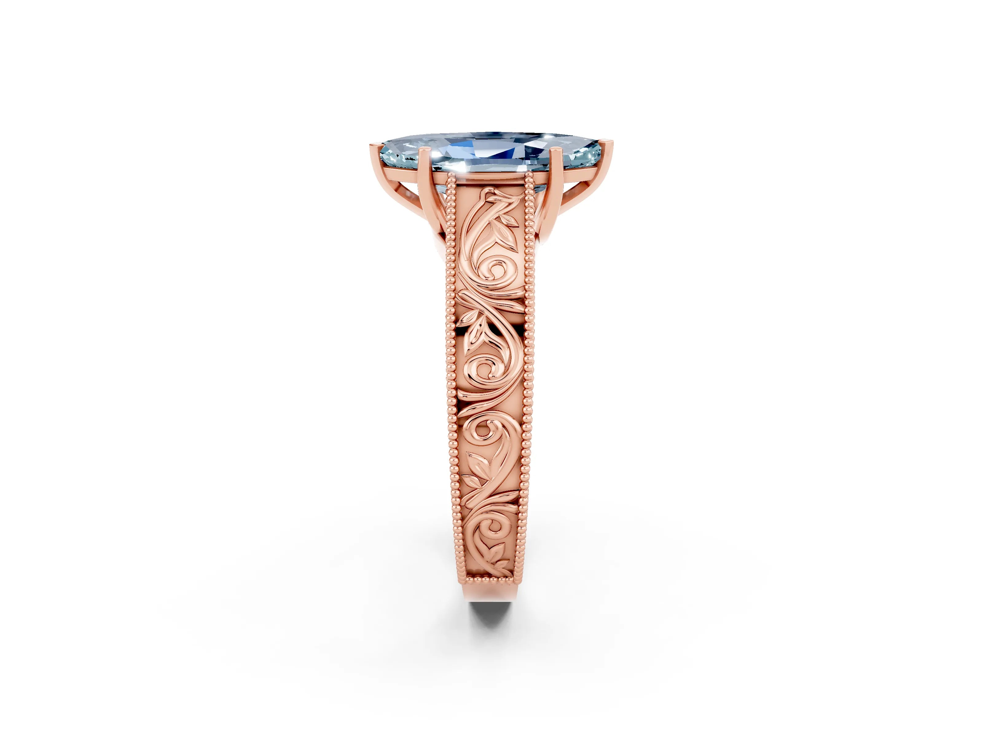 Rose gold Marquise Cut Aquamarine Solitaire Ring with Engraved Band and Four-Prong Setting_2