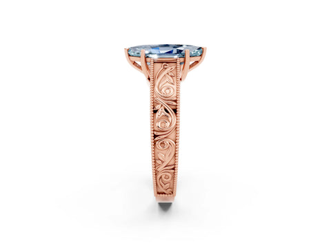 Rose gold Marquise Cut Aquamarine Solitaire Ring with Engraved Band and Four-Prong Setting_2