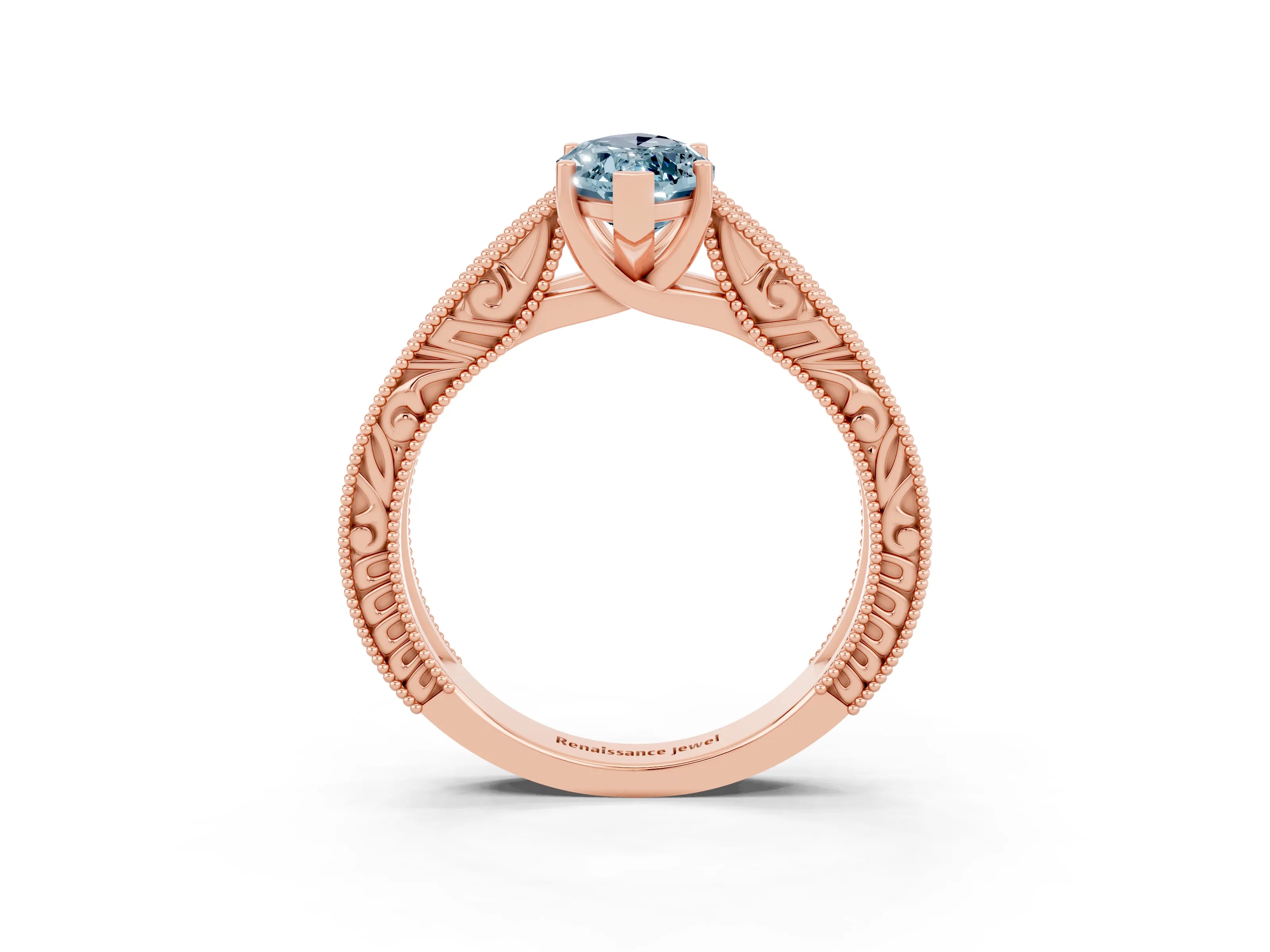 Rose gold Marquise Cut Aquamarine Solitaire Ring with Engraved Band and Four-Prong Setting_3