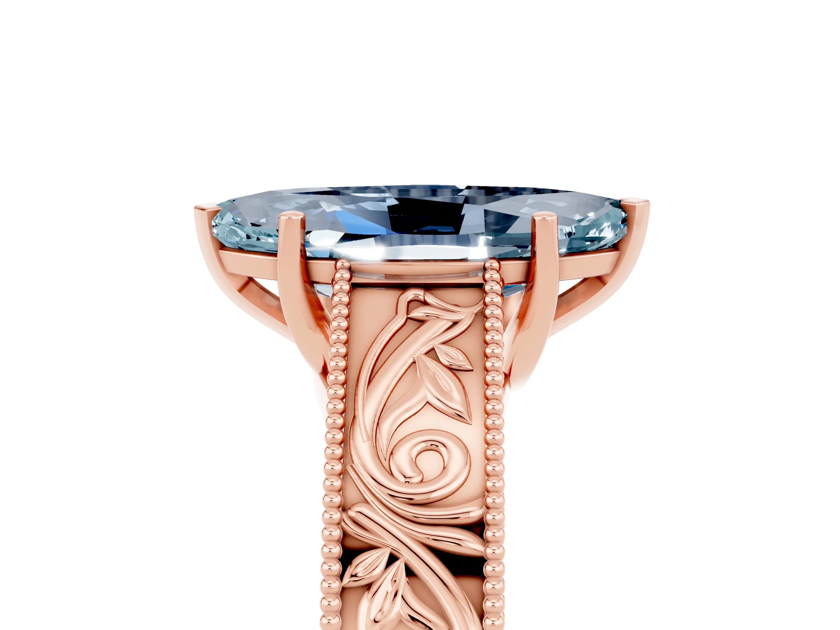Rose gold Marquise Cut Aquamarine Solitaire Ring with Engraved Band and Four-Prong Setting_5