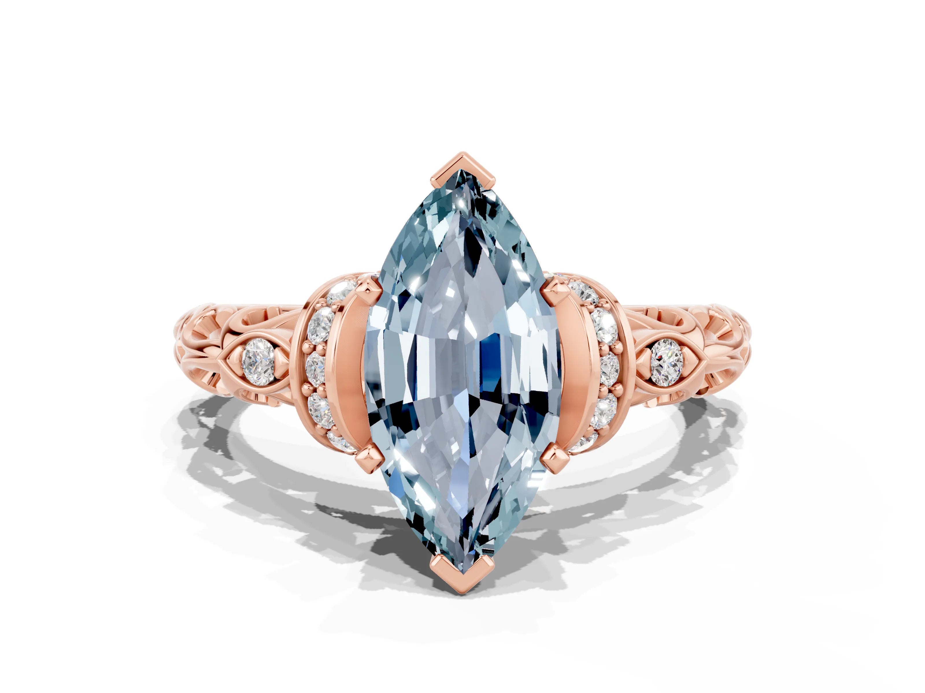 Rose gold Marquise Cut Aquamarine Solitaire Ring with Filigree Band and Four-Prong Setting_24