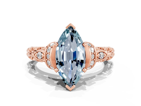 Rose gold Marquise Cut Aquamarine Solitaire Ring with Filigree Band and Four-Prong Setting