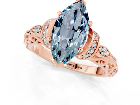 Rose gold Marquise Cut Aquamarine Solitaire Ring with Filigree Band and Four-Prong Setting_25