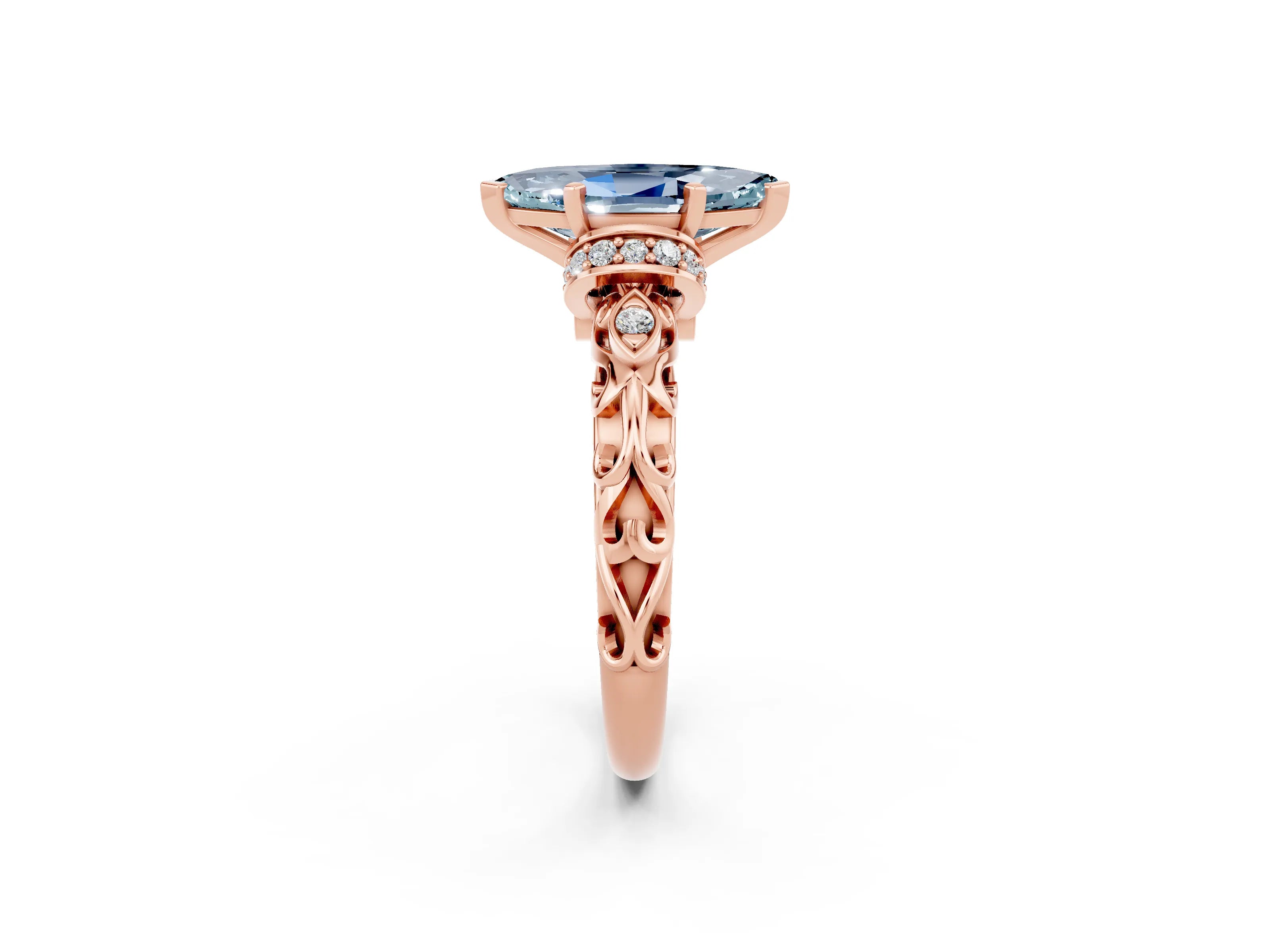 Rose gold Marquise Cut Aquamarine Solitaire Ring with Filigree Band and Four-Prong Setting_26