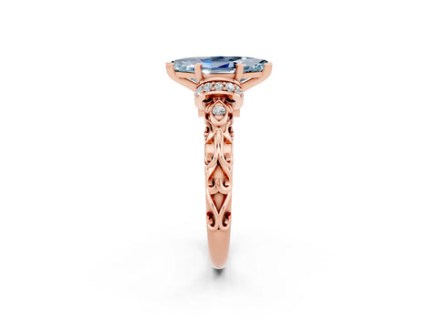Rose gold Marquise Cut Aquamarine Solitaire Ring with Filigree Band and Four-Prong Setting_26