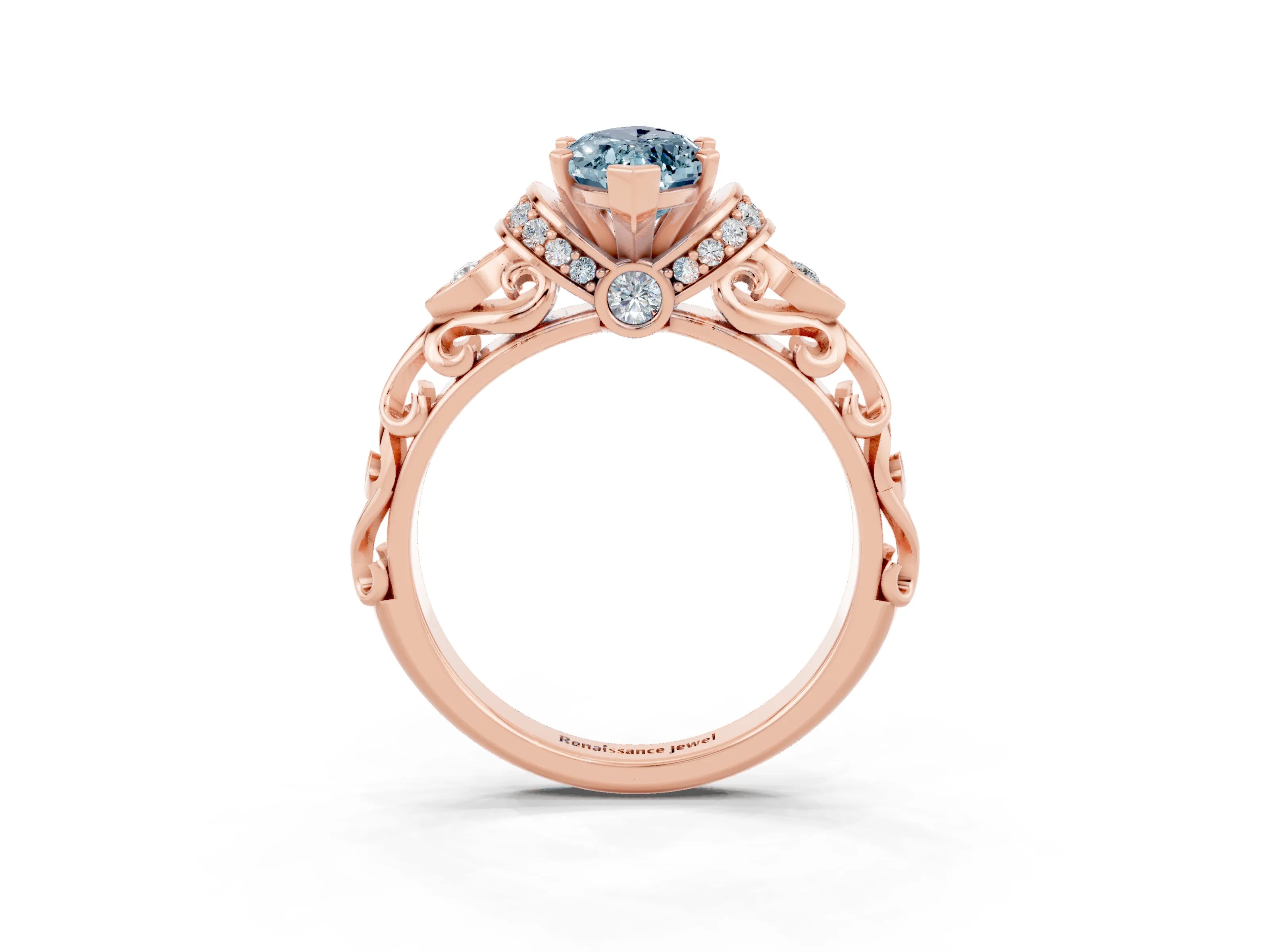 Rose gold Marquise Cut Aquamarine Solitaire Ring with Filigree Band and Four-Prong Setting_27