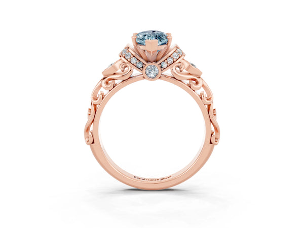 Rose gold Marquise Cut Aquamarine Solitaire Ring with Filigree Band and Four-Prong Setting