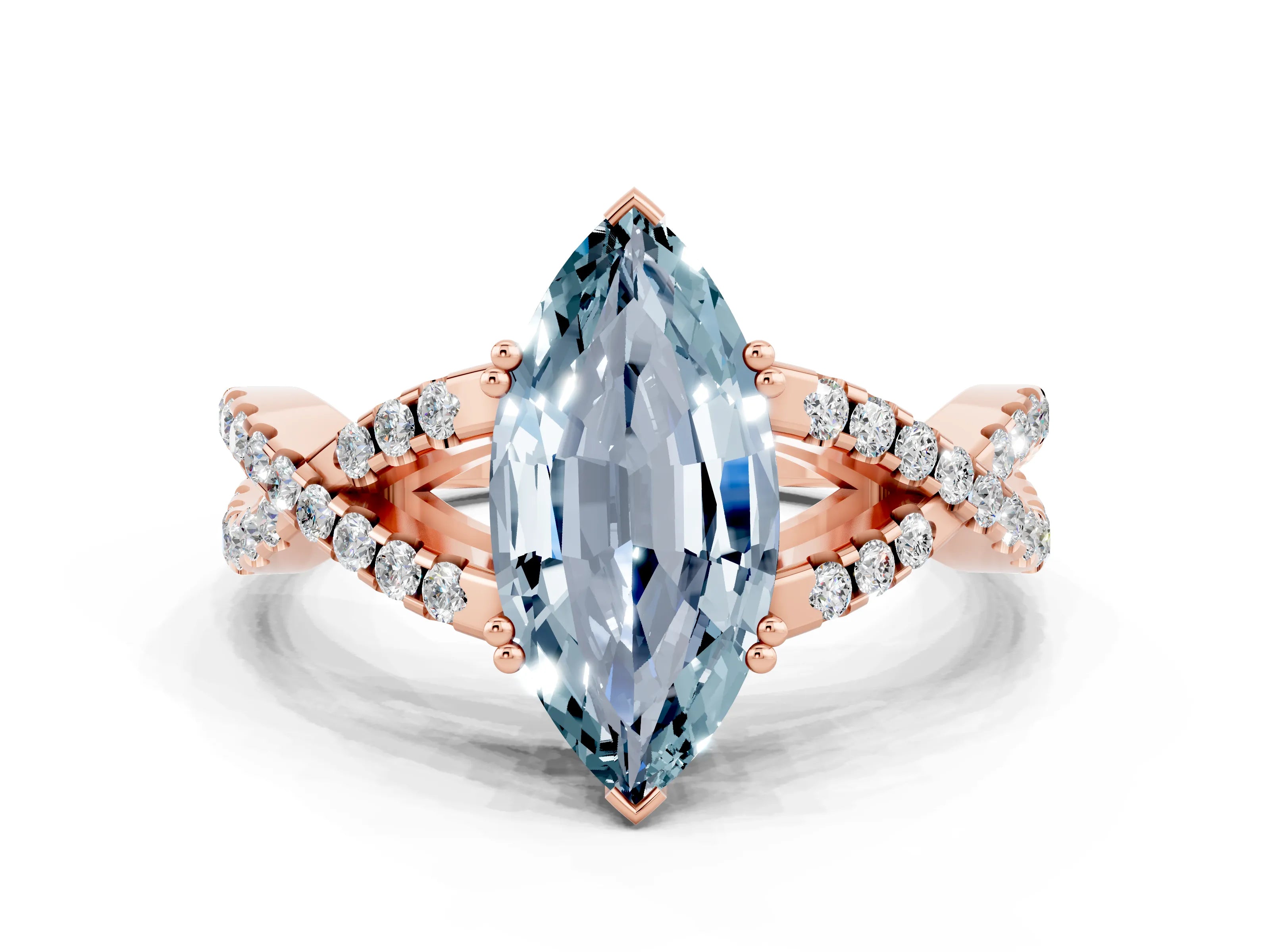 Rose gold Marquise Cut Aquamarine Solitaire Ring with Four-Prong Setting and Twisted Pavé Band