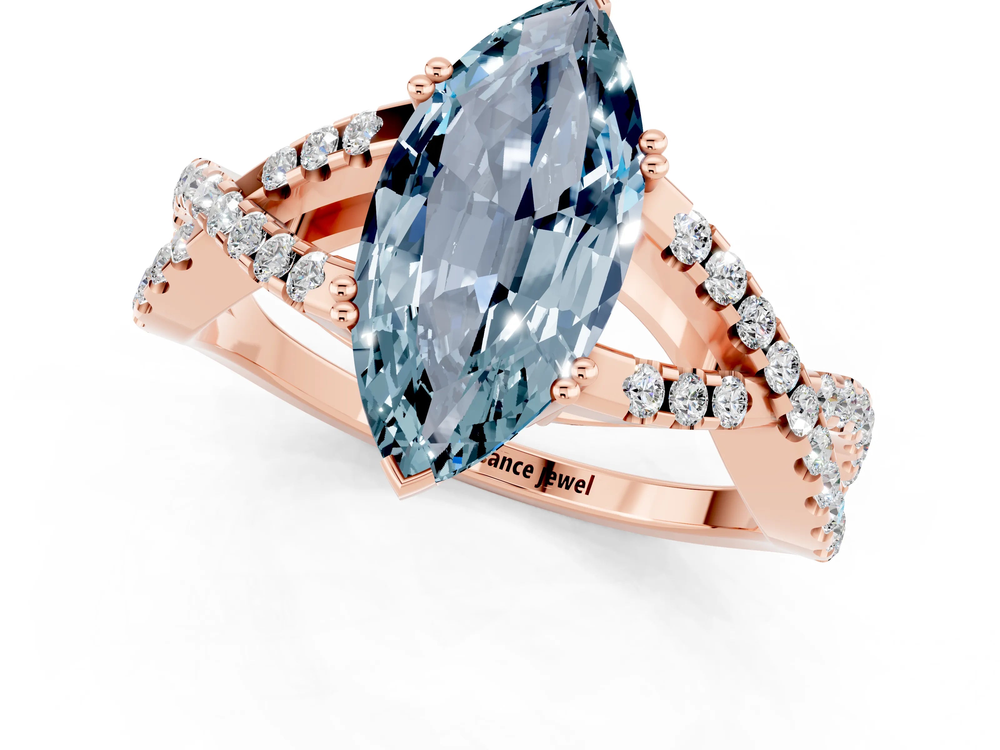 Rose gold Marquise Cut Aquamarine Solitaire Ring with Four-Prong Setting and Twisted Pavé Band_1