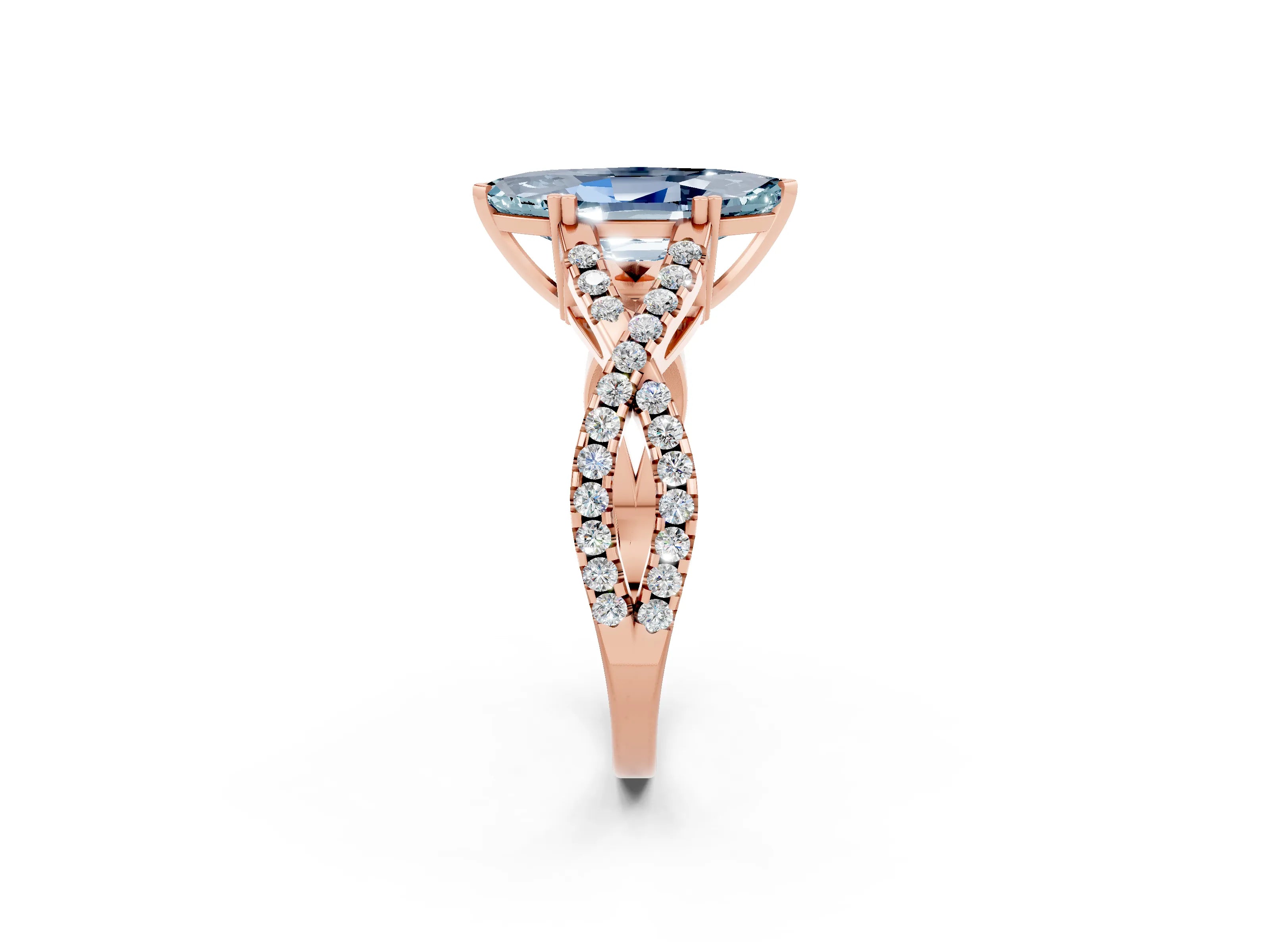 Rose gold Marquise Cut Aquamarine Solitaire Ring with Four-Prong Setting and Twisted Pavé Band_2