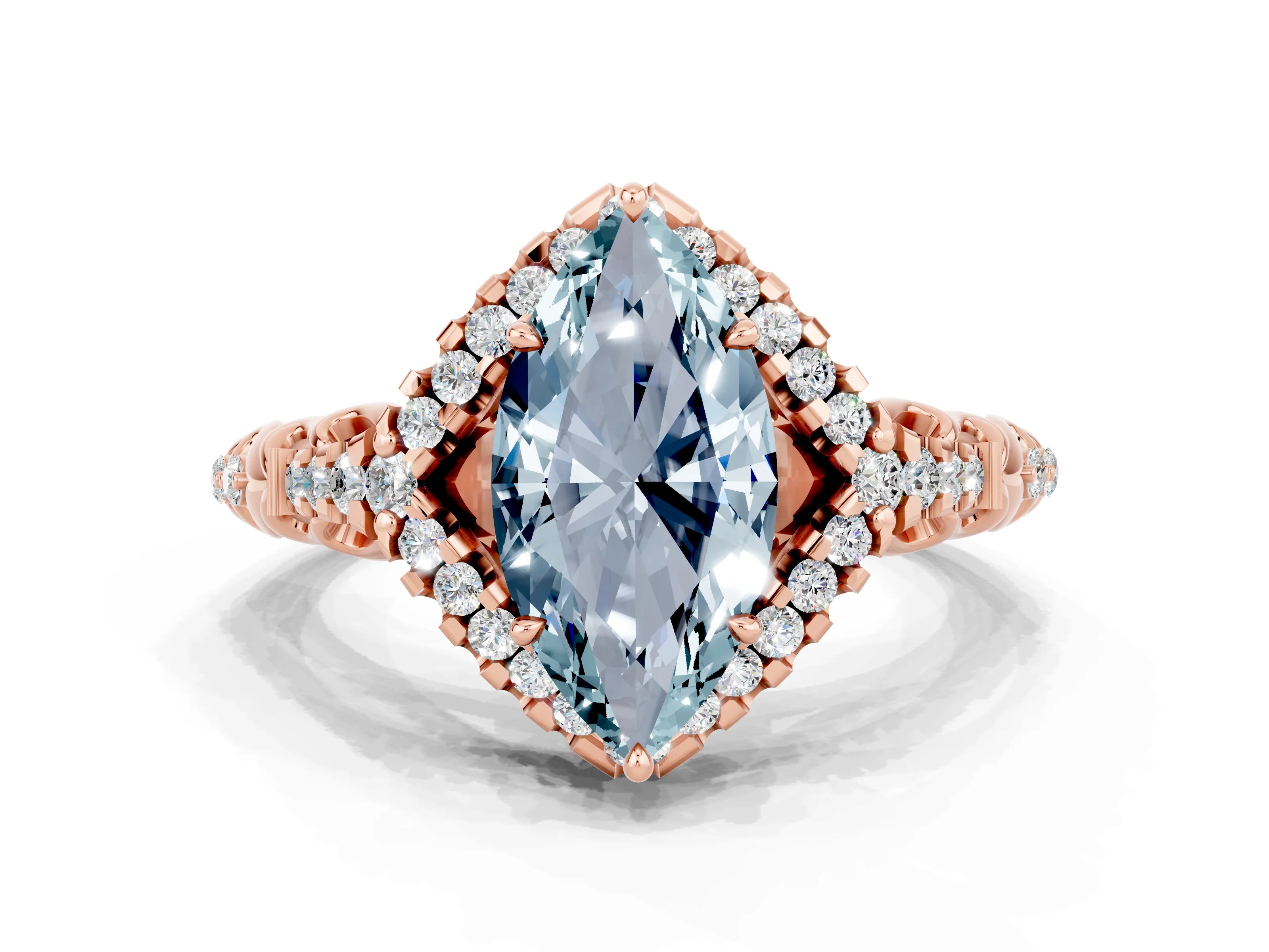 Rose gold Marquise Cut Aquamarine Solitaire Ring with Hidden Halo and Pavé Band_12
