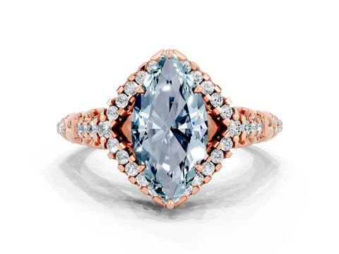 Rose gold Marquise Cut Aquamarine Solitaire Ring with Hidden Halo and Pavé Band_12