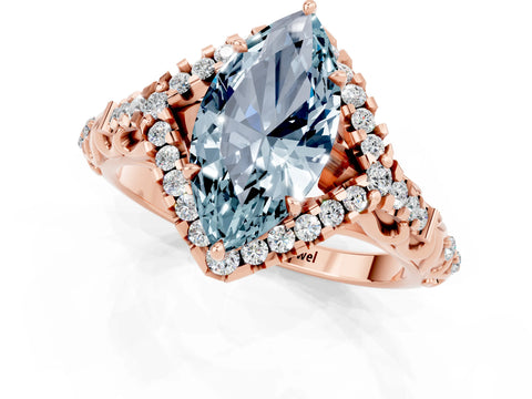 Rose gold Marquise Cut Aquamarine Solitaire Ring with Hidden Halo and Pavé Band_13