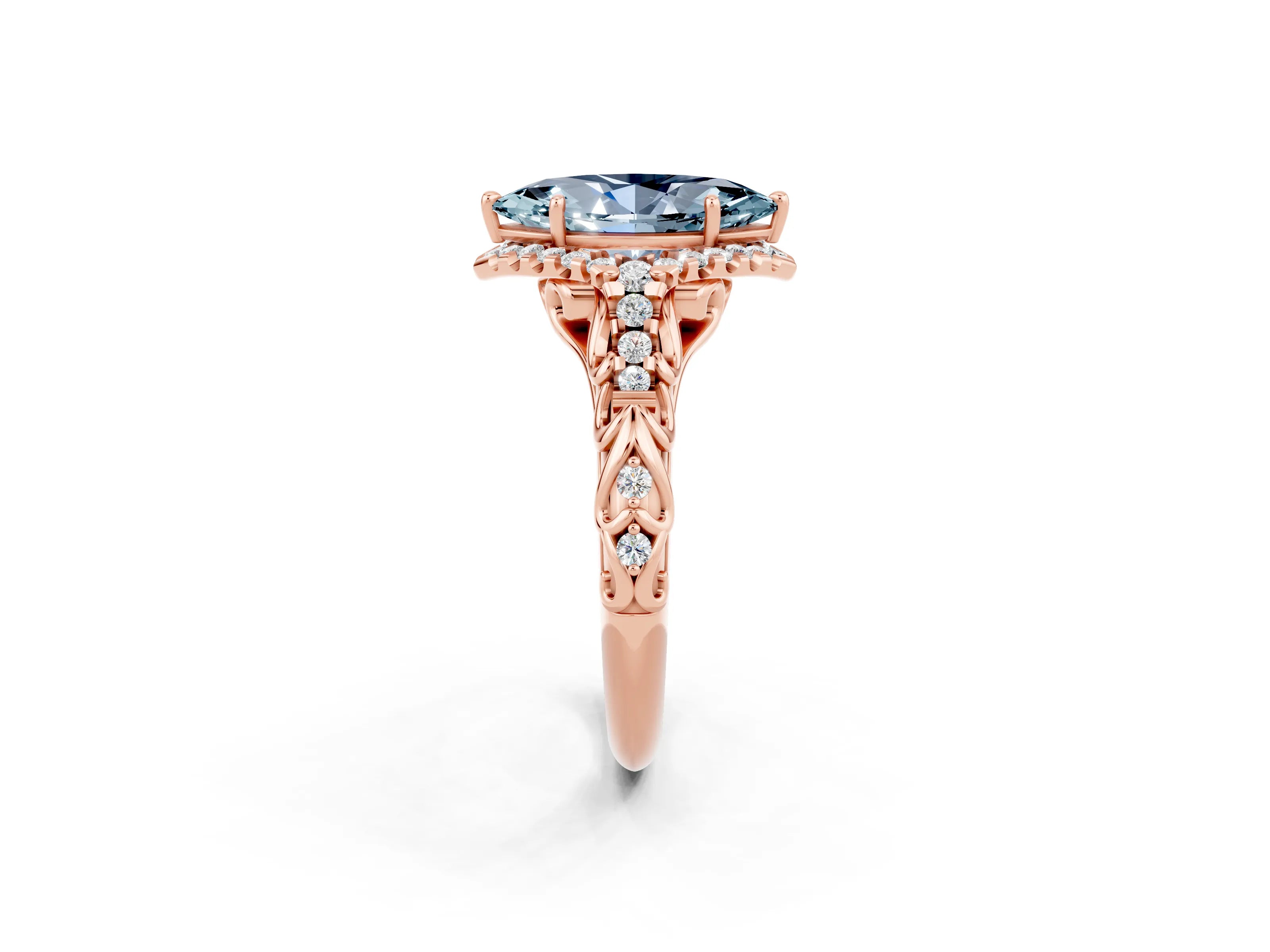 Rose gold Marquise Cut Aquamarine Solitaire Ring with Hidden Halo and Pavé Band_14