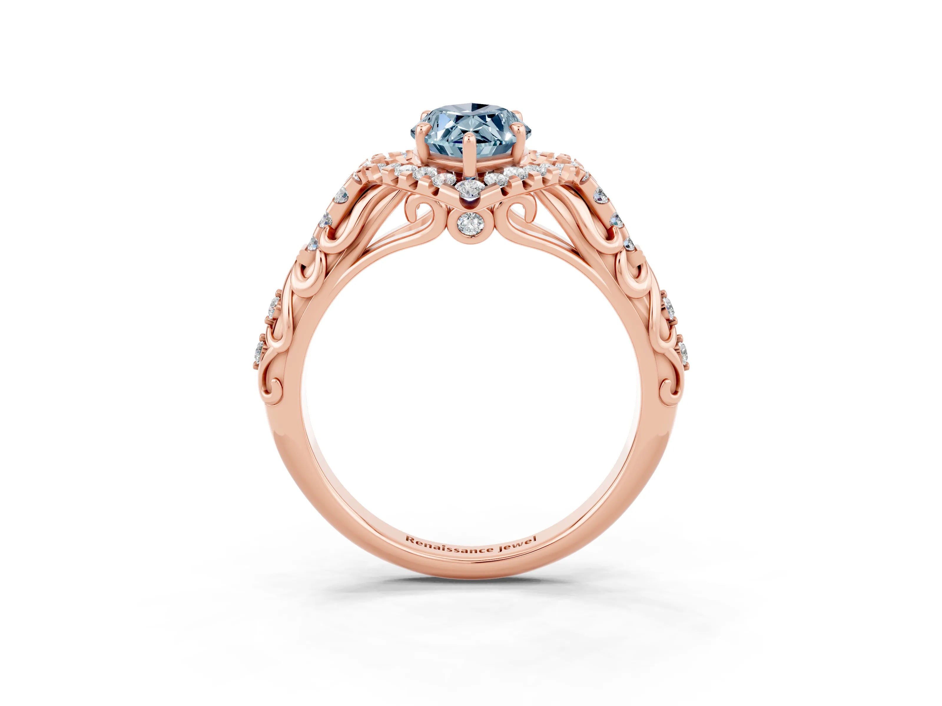 Rose gold Marquise Cut Aquamarine Solitaire Ring with Hidden Halo and Pavé Band_15