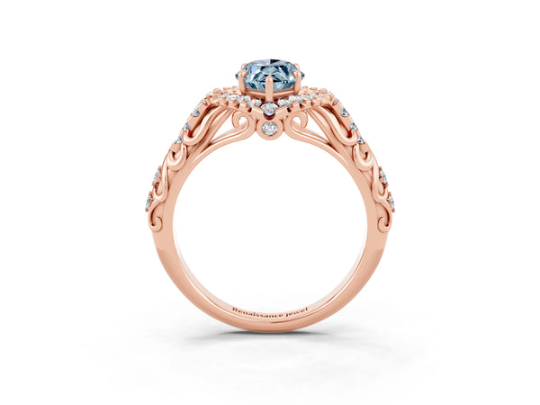 Rose gold Marquise Cut Aquamarine Solitaire Ring with Hidden Halo and Pavé Band
