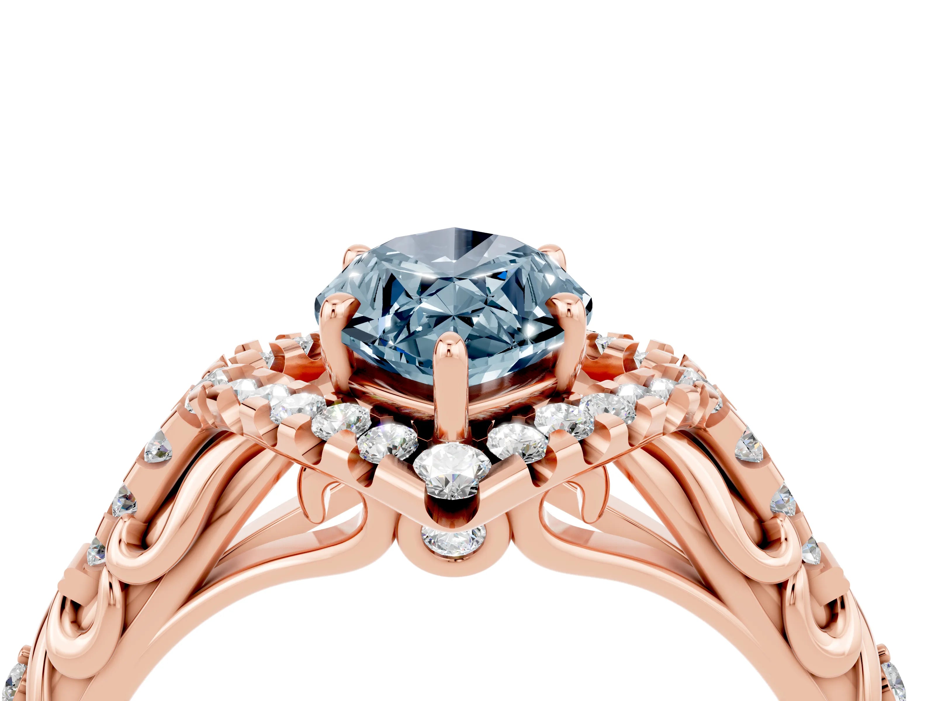 Rose gold Marquise Cut Aquamarine Solitaire Ring with Hidden Halo and Pavé Band_16