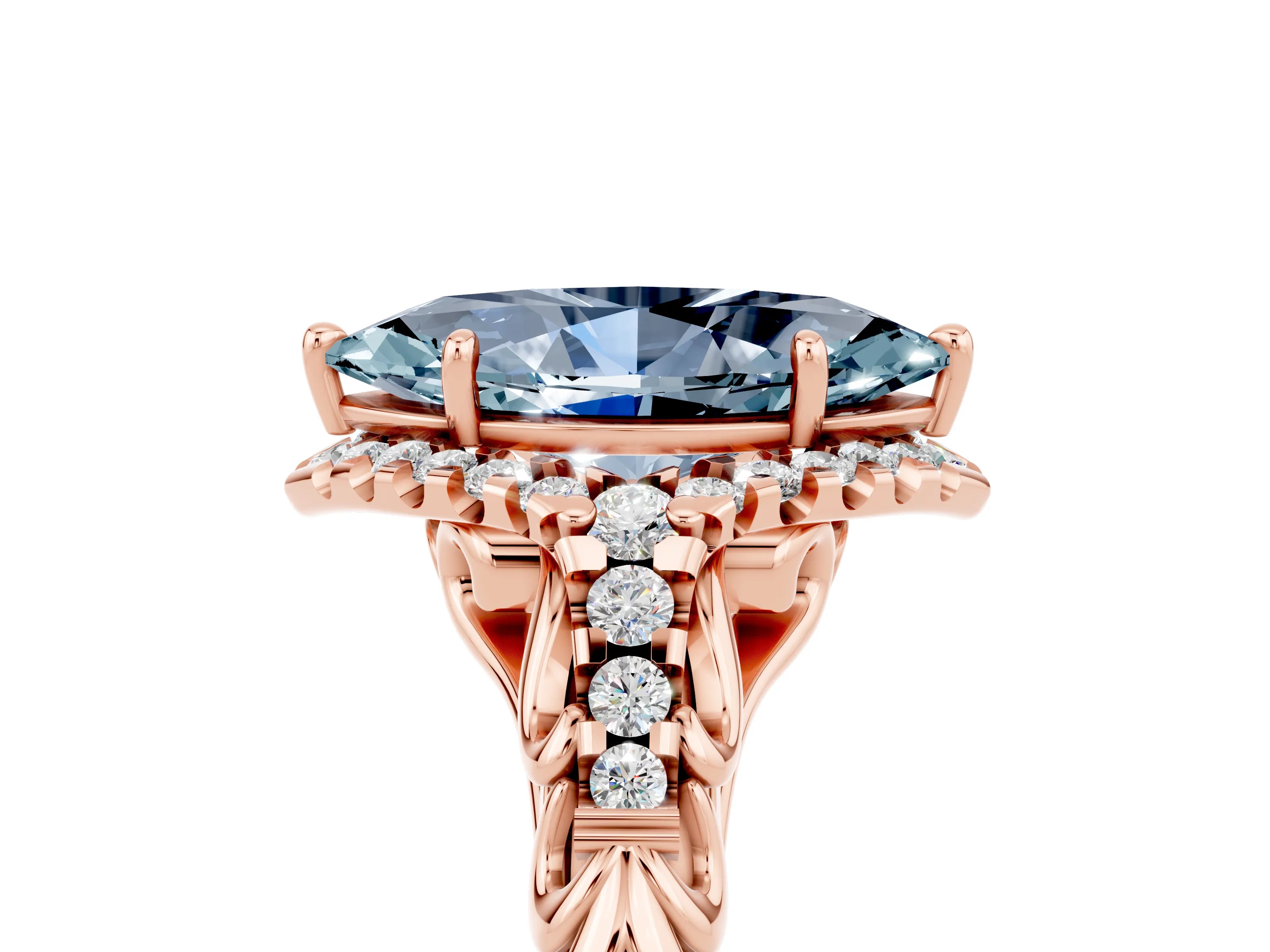 Rose gold Marquise Cut Aquamarine Solitaire Ring with Hidden Halo and Pavé Band_17