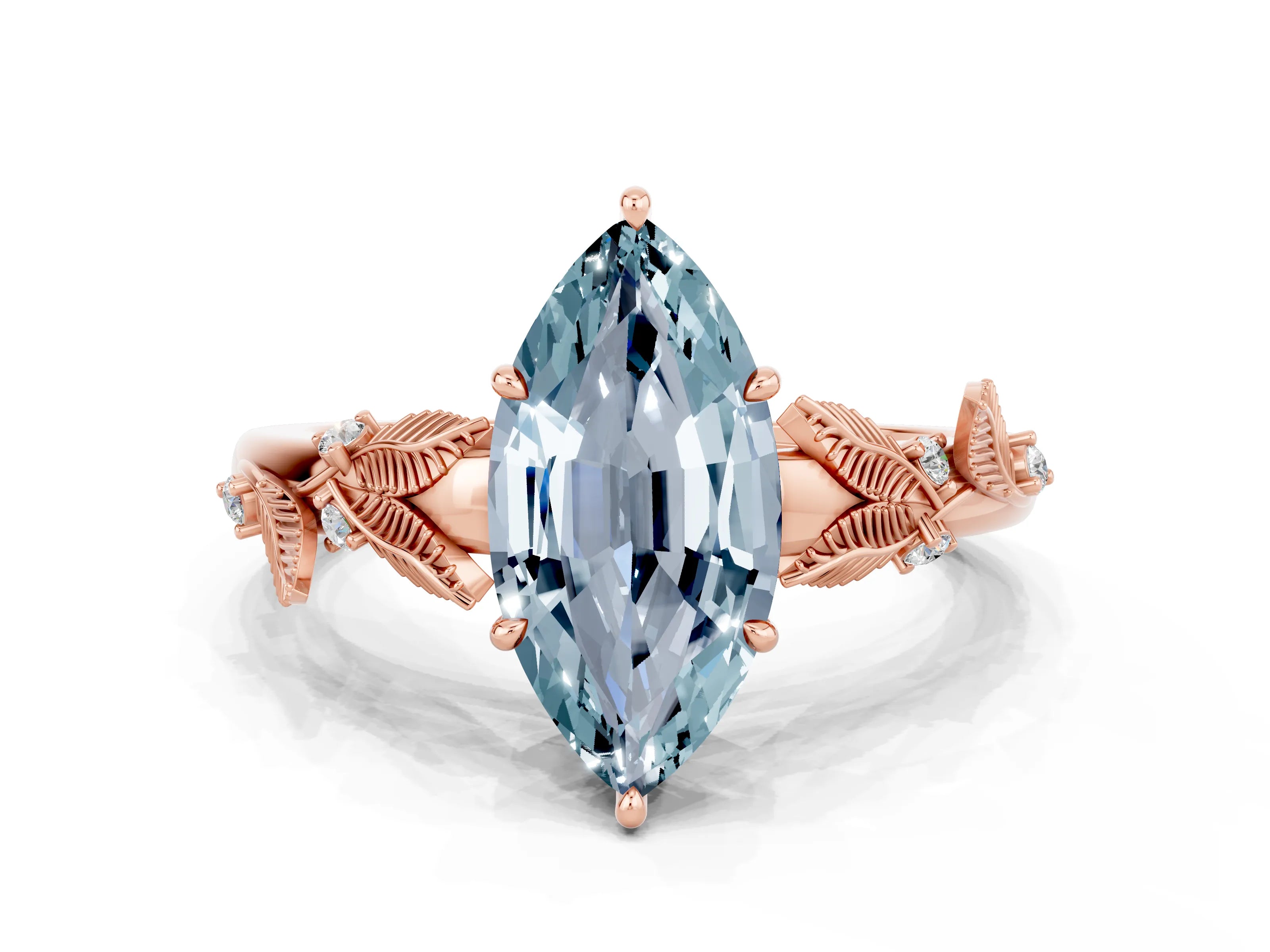 Rose gold Marquise Cut Aquamarine Solitaire Ring with Leaf Motif Band and Four-Prong Setting