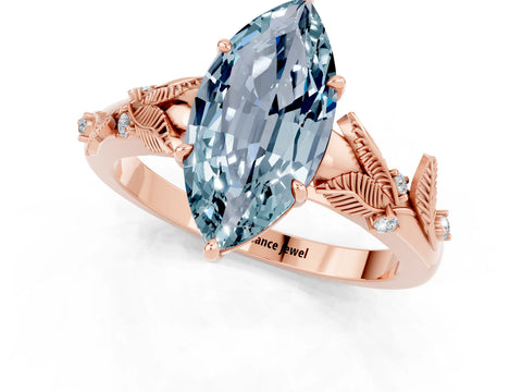 Rose gold Marquise Cut Aquamarine Solitaire Ring with Leaf Motif Band and Four-Prong Setting_1