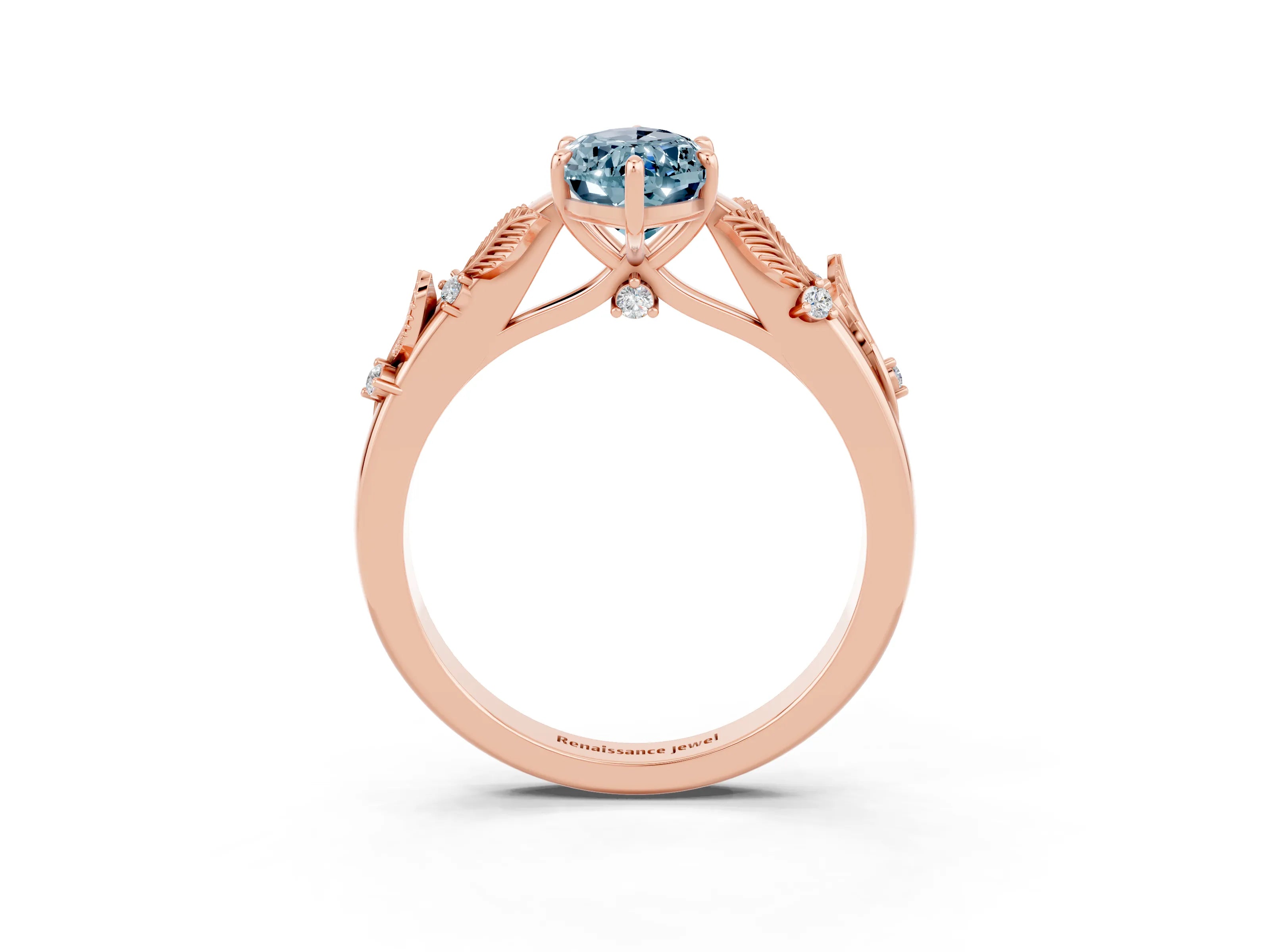 Rose gold Marquise Cut Aquamarine Solitaire Ring with Leaf Motif Band and Four-Prong Setting_3
