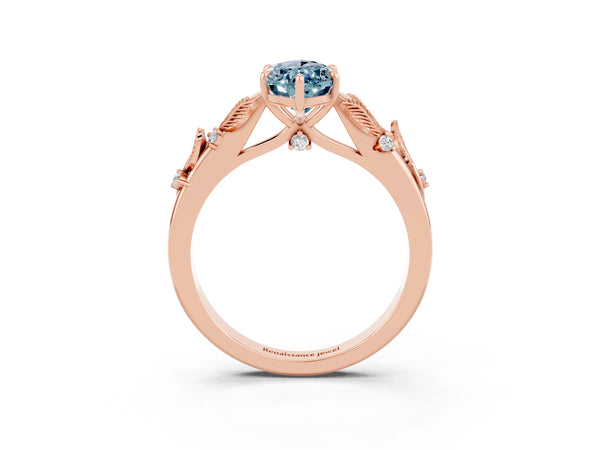 Rose gold Marquise Cut Aquamarine Solitaire Ring with Leaf Motif Band and Four-Prong Setting