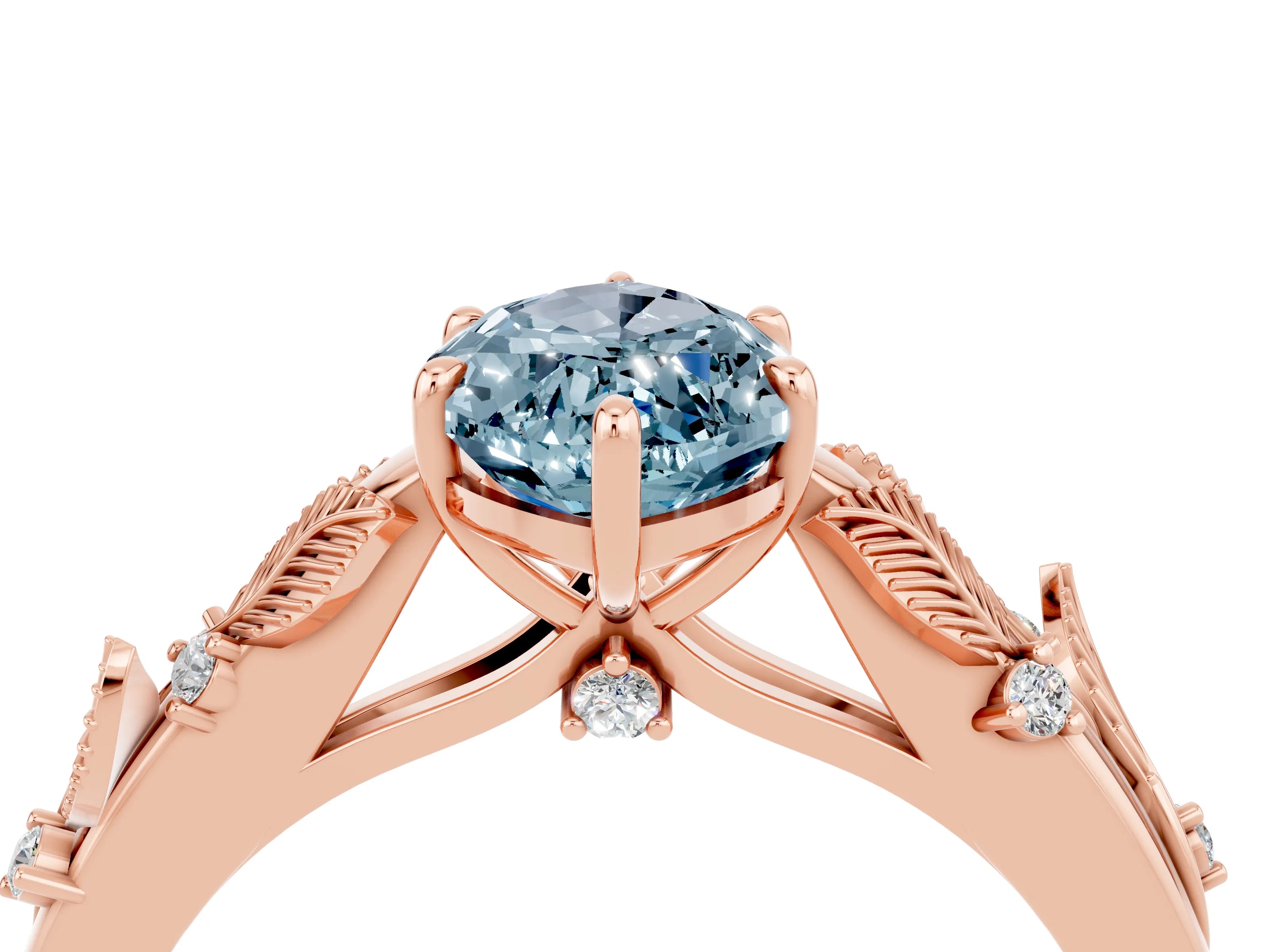 Rose gold Marquise Cut Aquamarine Solitaire Ring with Leaf Motif Band and Four-Prong Setting_4