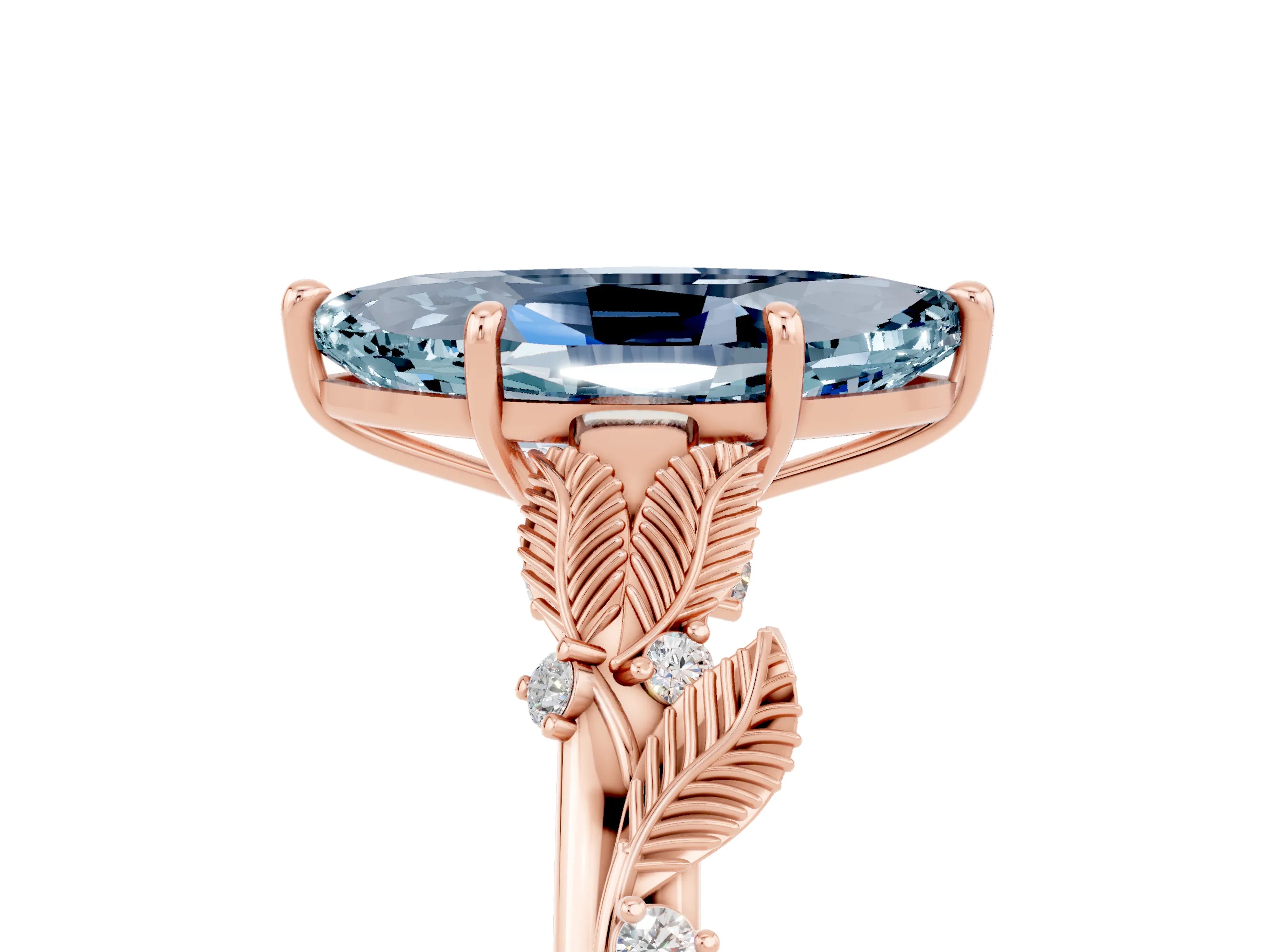 Rose gold Marquise Cut Aquamarine Solitaire Ring with Leaf Motif Band and Four-Prong Setting_5
