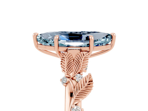 Rose gold Marquise Cut Aquamarine Solitaire Ring with Leaf Motif Band and Four-Prong Setting_5
